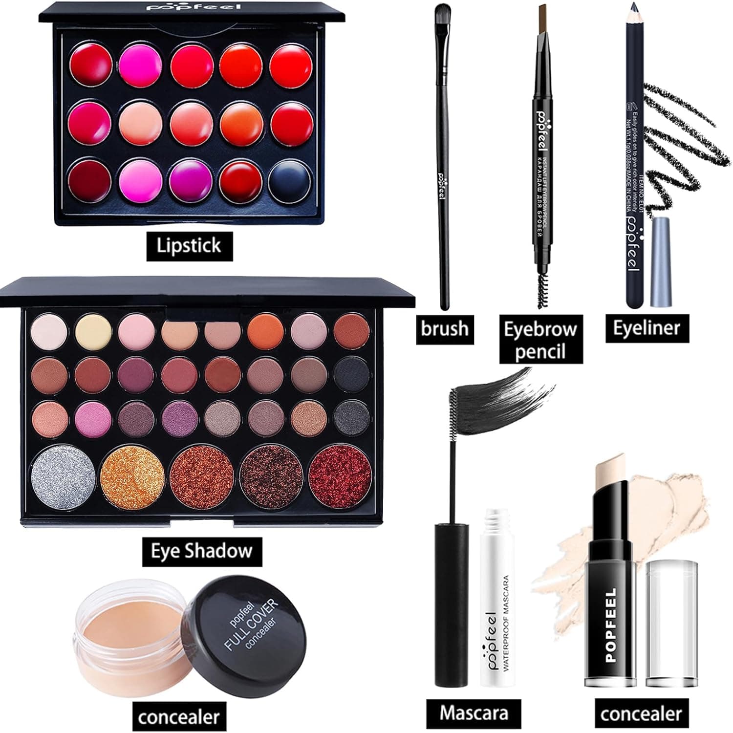 Piezas del set de maquillaje Joyeee: sombras, brochas y correctores