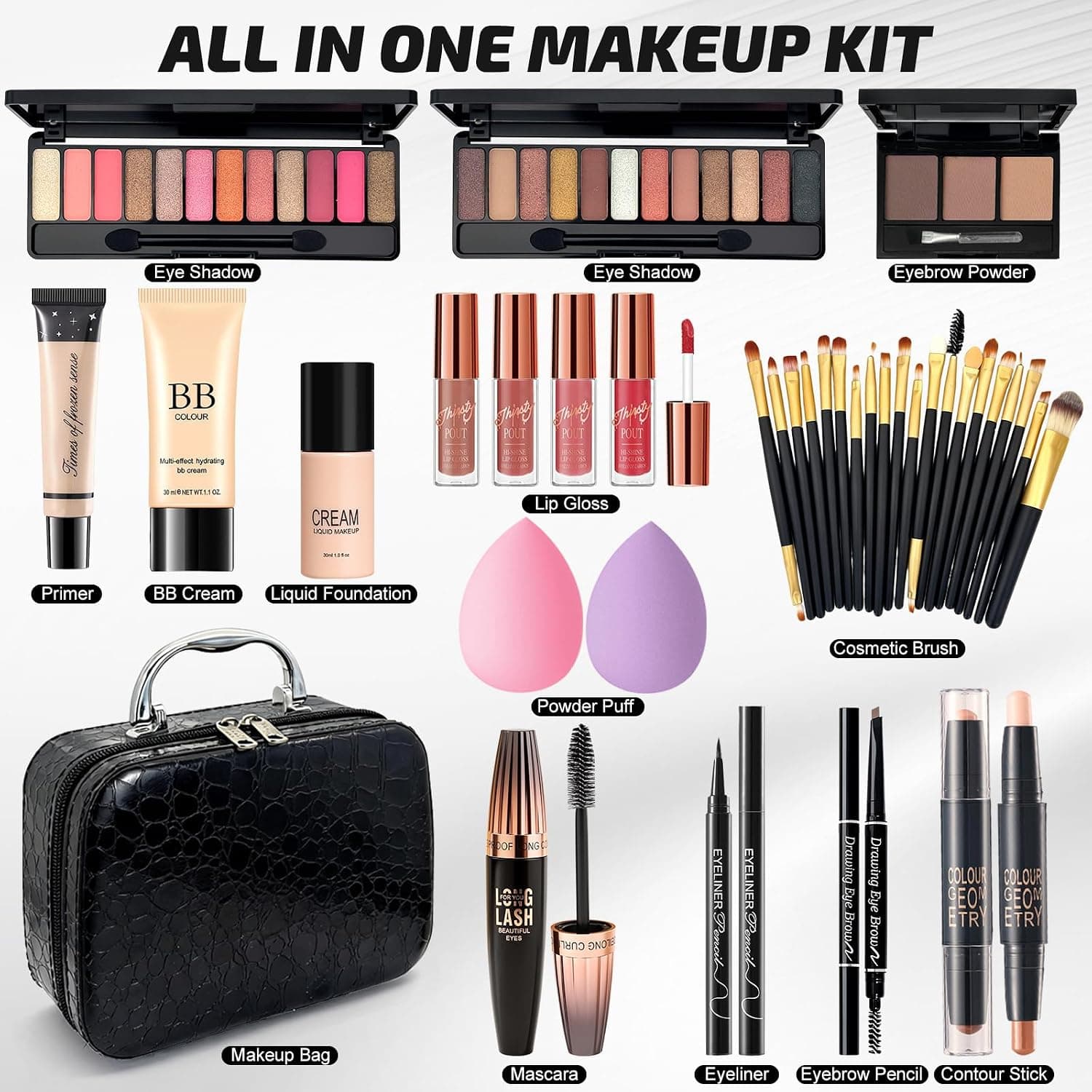 Paleta de sombras y productos del kit de maquillaje