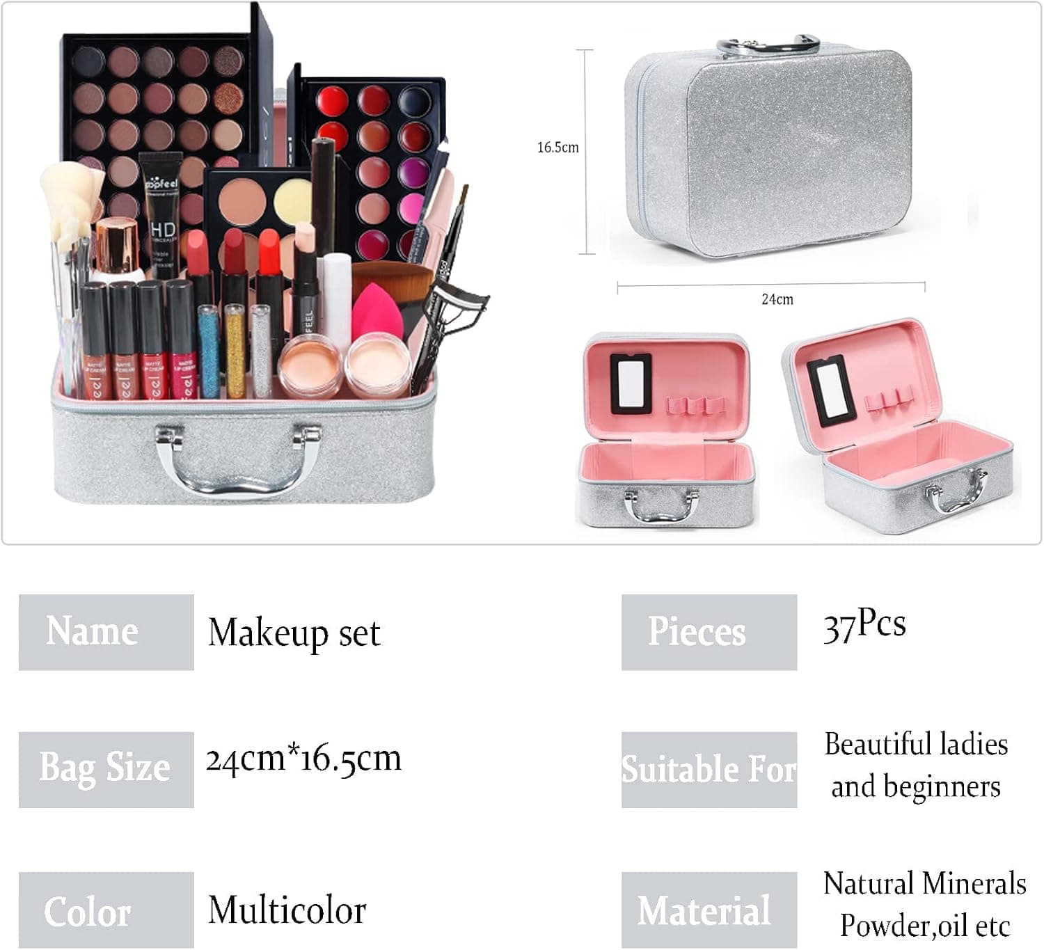 Detalle de los productos incluidos en el kit de maquillaje