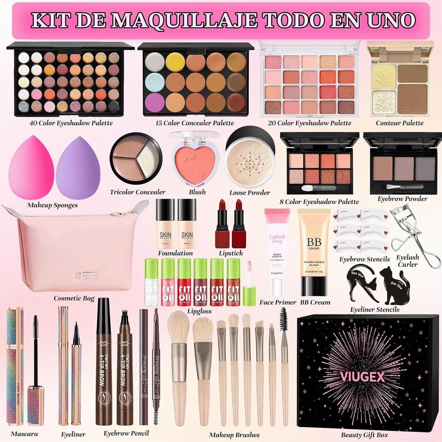 Piezas del kit de maquillaje Viugex: paleta, brochas y labiales