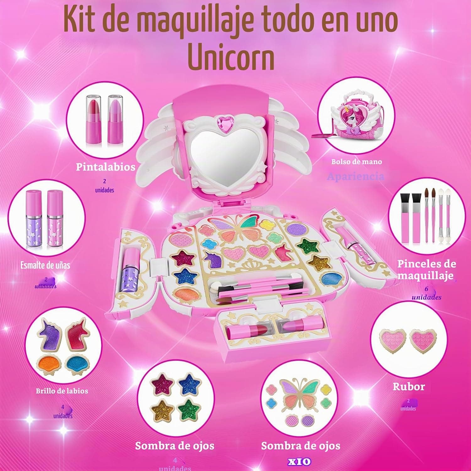 Kit de maquillaje de juguete con bolso de unicornio para niñas, foto 3