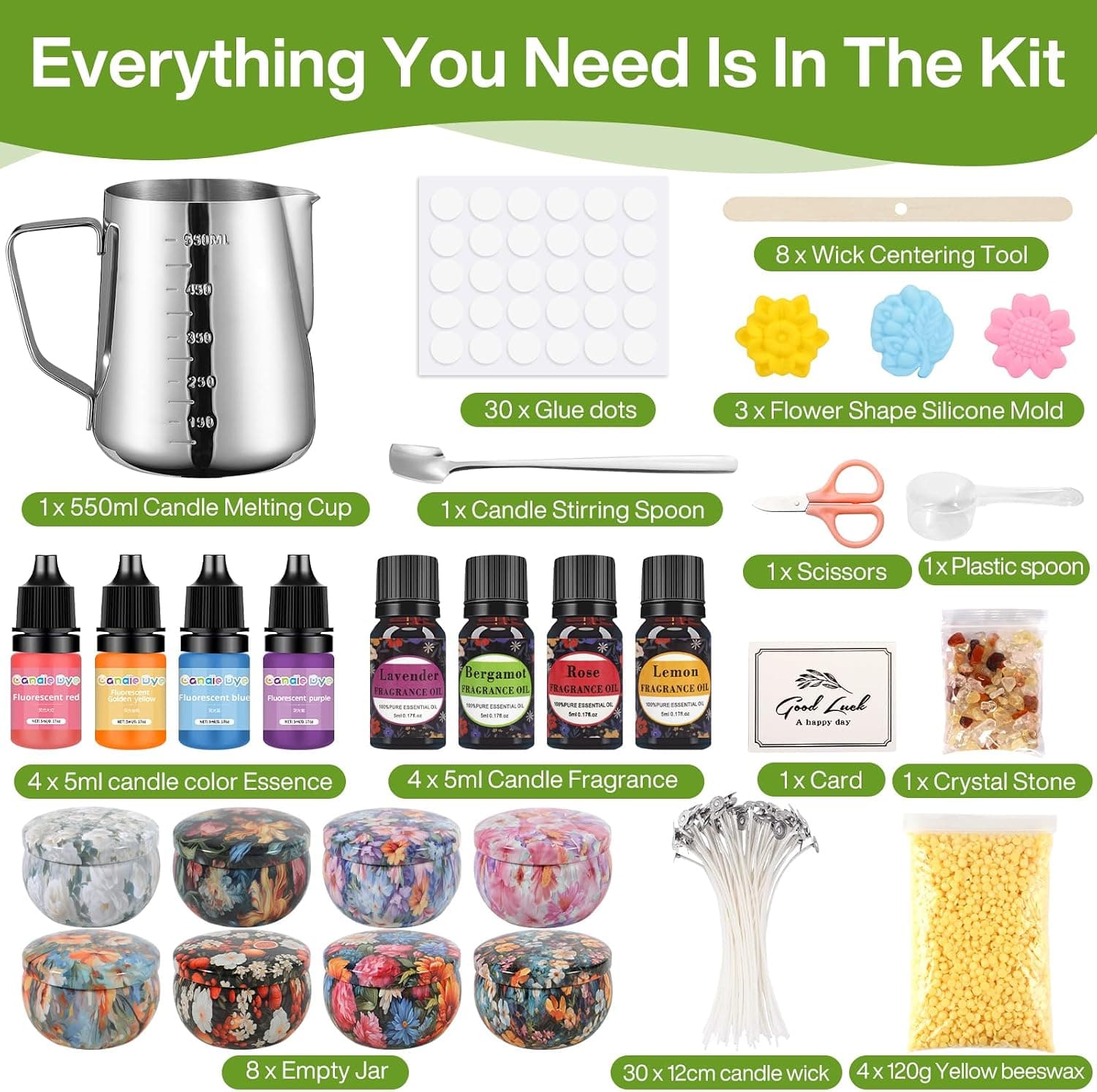 Aceites esenciales y tintes de color incluidos en el kit