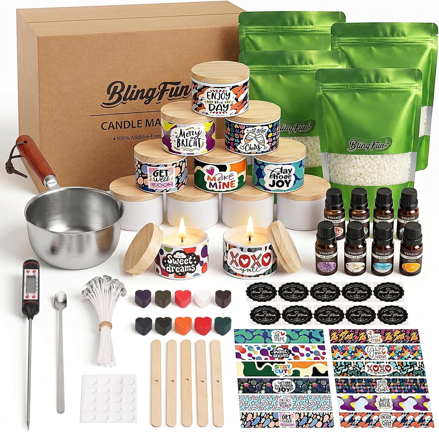 Kit Blingfun con doce latas de vela con tapa de madera