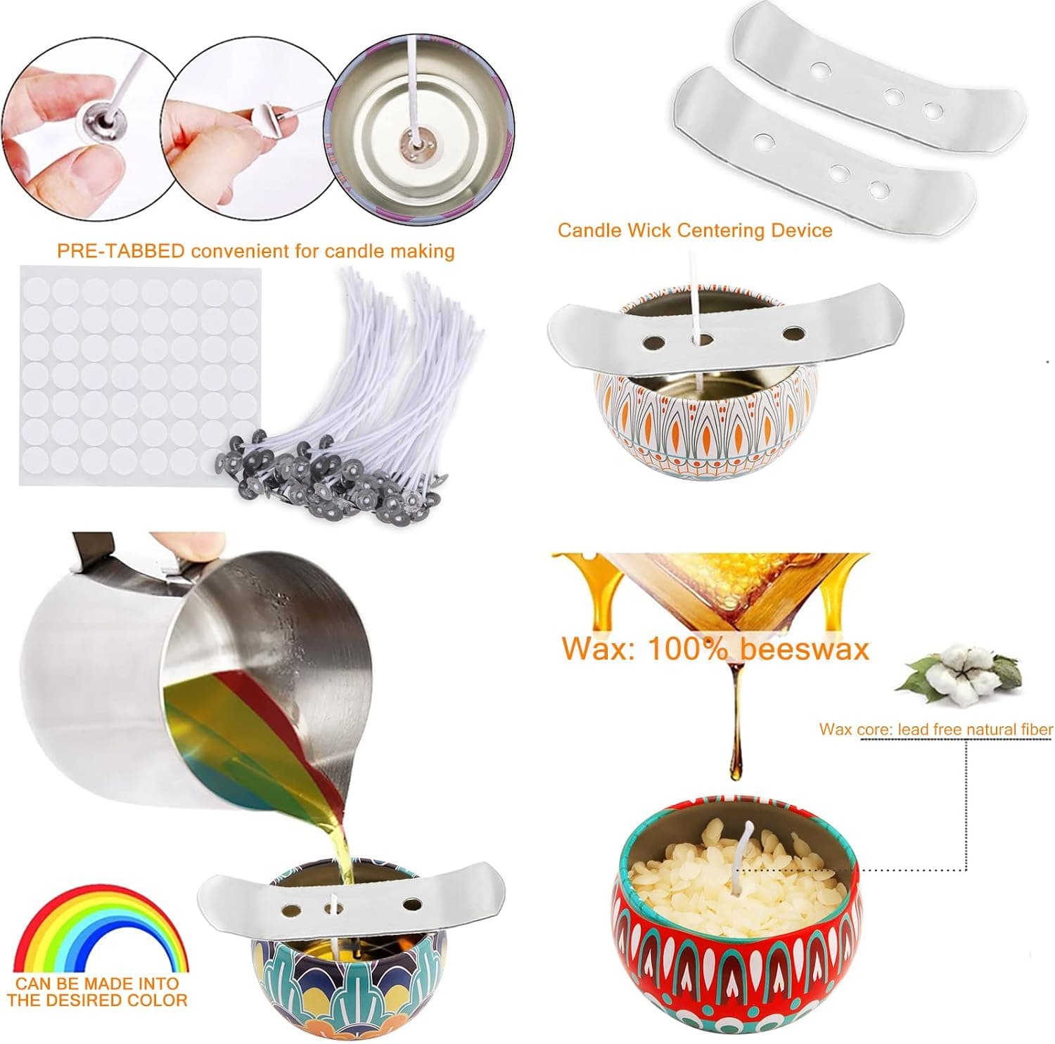 Kit MAISITOO con crisol de acero inoxidable, cera de abeja y ocho tarros de vela