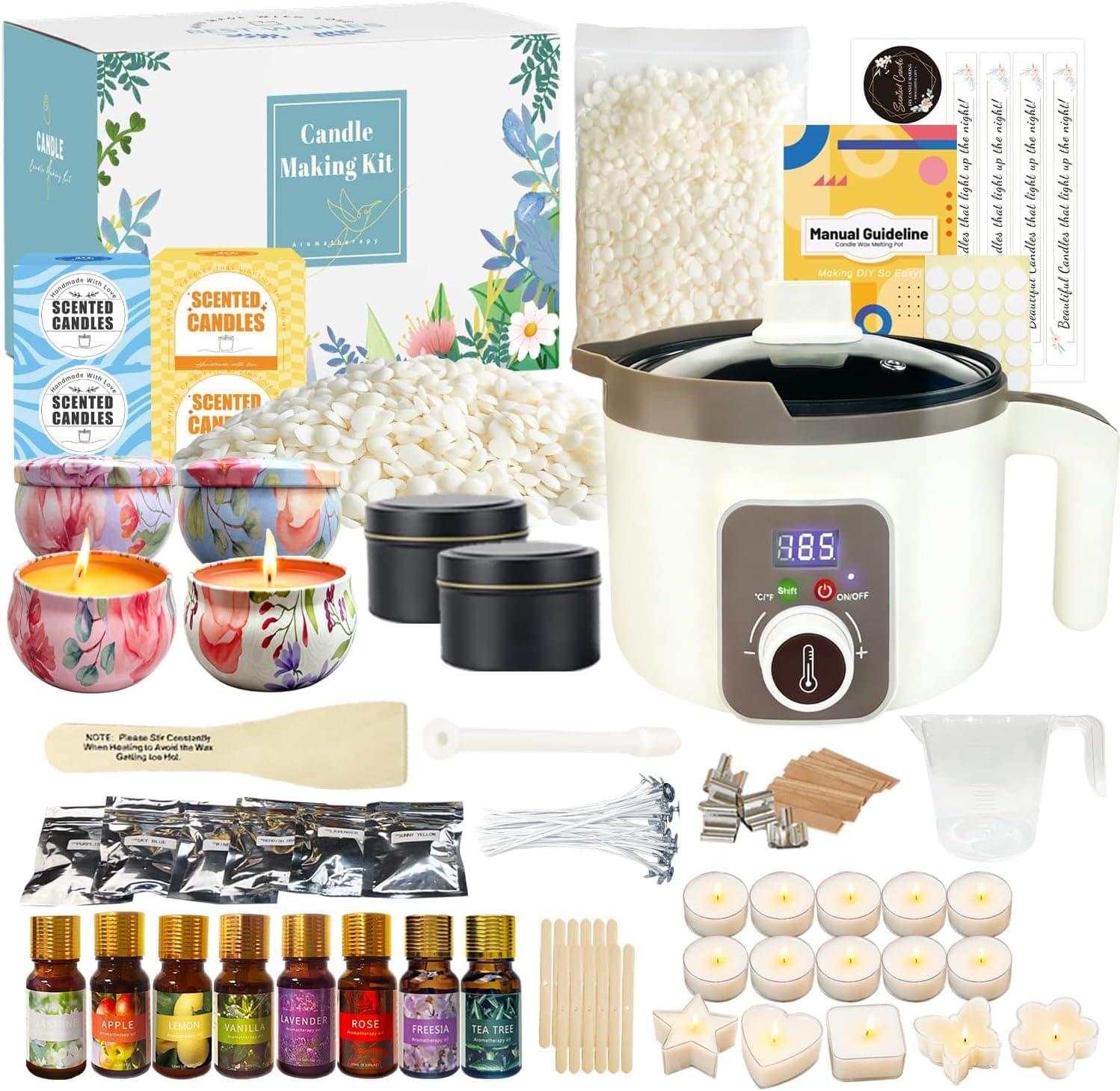 Kit para hacer velas con crisol digital, cera de soja y seis frascos de cristal