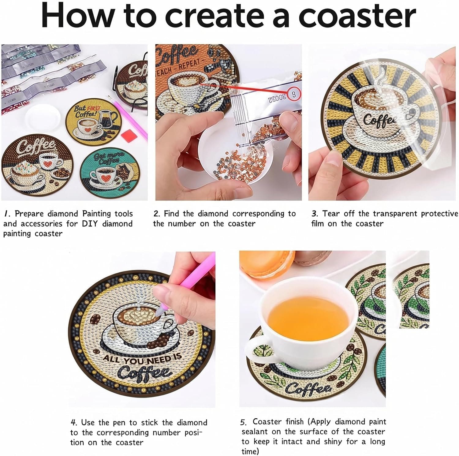 Kit de posavasos de pintura de diamante con tema de café, foto 3