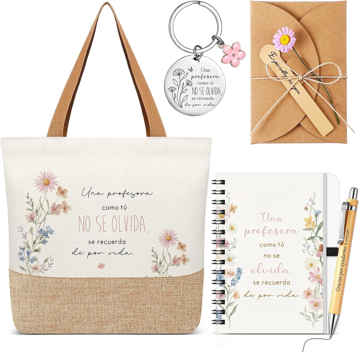 Bolsa de lino, llavero, cuaderno y bolígrafo con el mensaje "Una profesora como tú no se olvida, se recuerda de por vida", junto a una tarjeta de agradecimiento con una flor