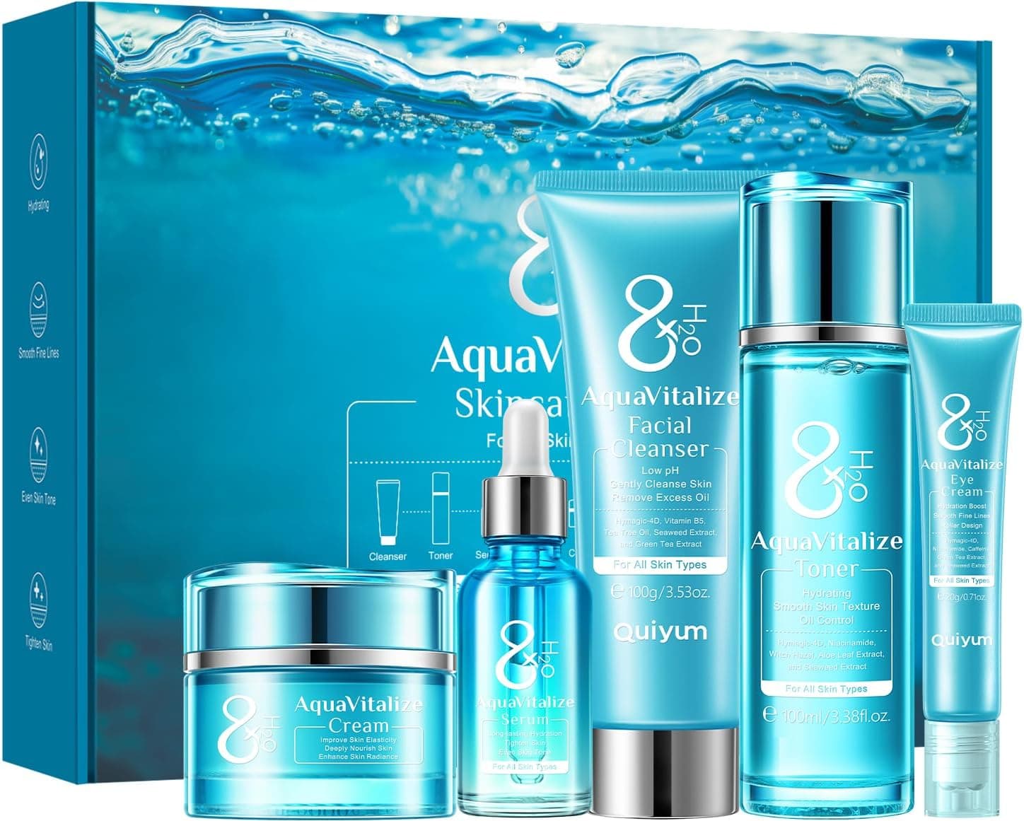 Kit de skincare AquaVitalize de cinco piezas, QUIYUM
