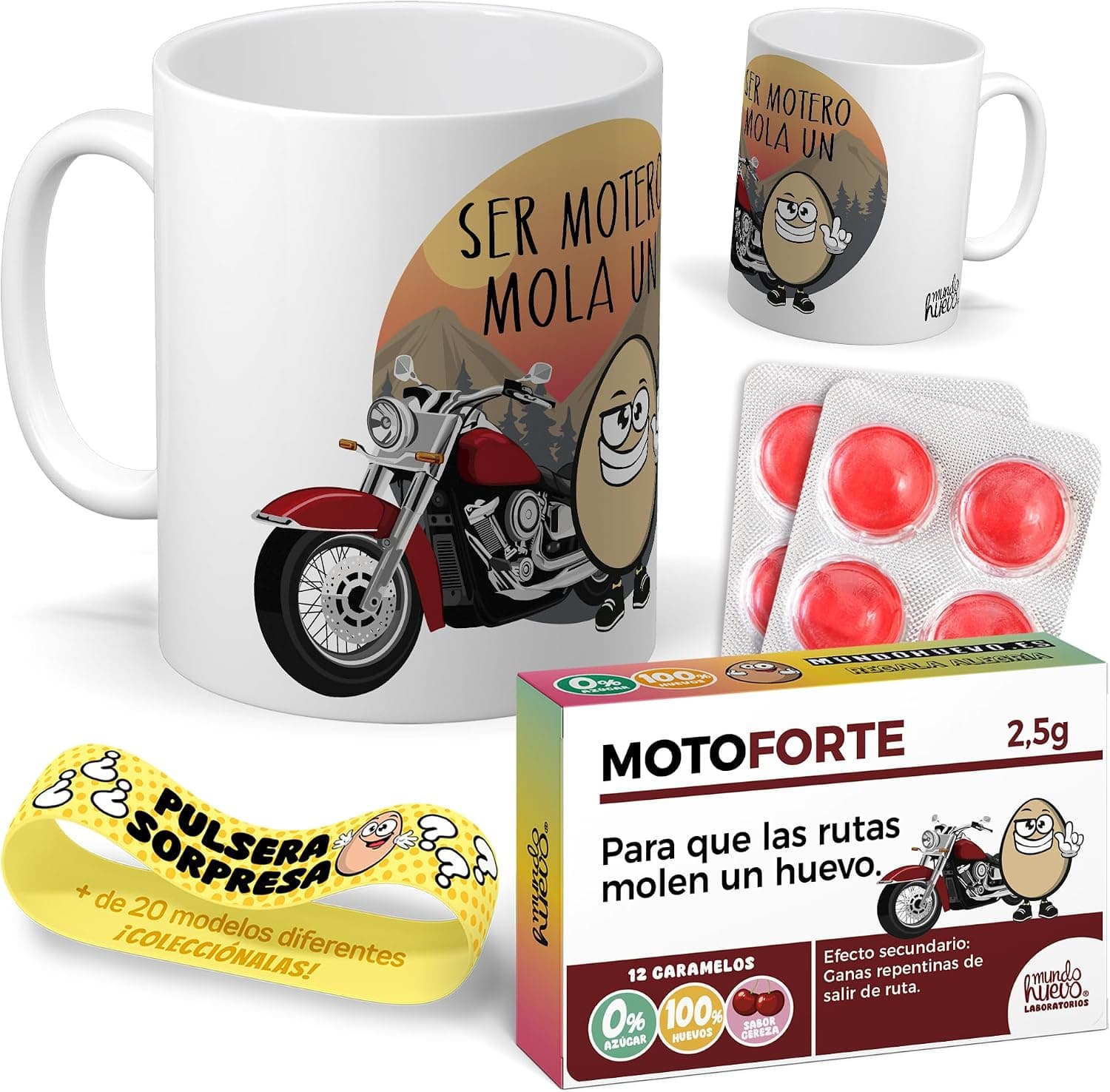 Kit de mundohuevo con taza de motero, caja de caramelos "Motoforte" y pulsera sorpresa