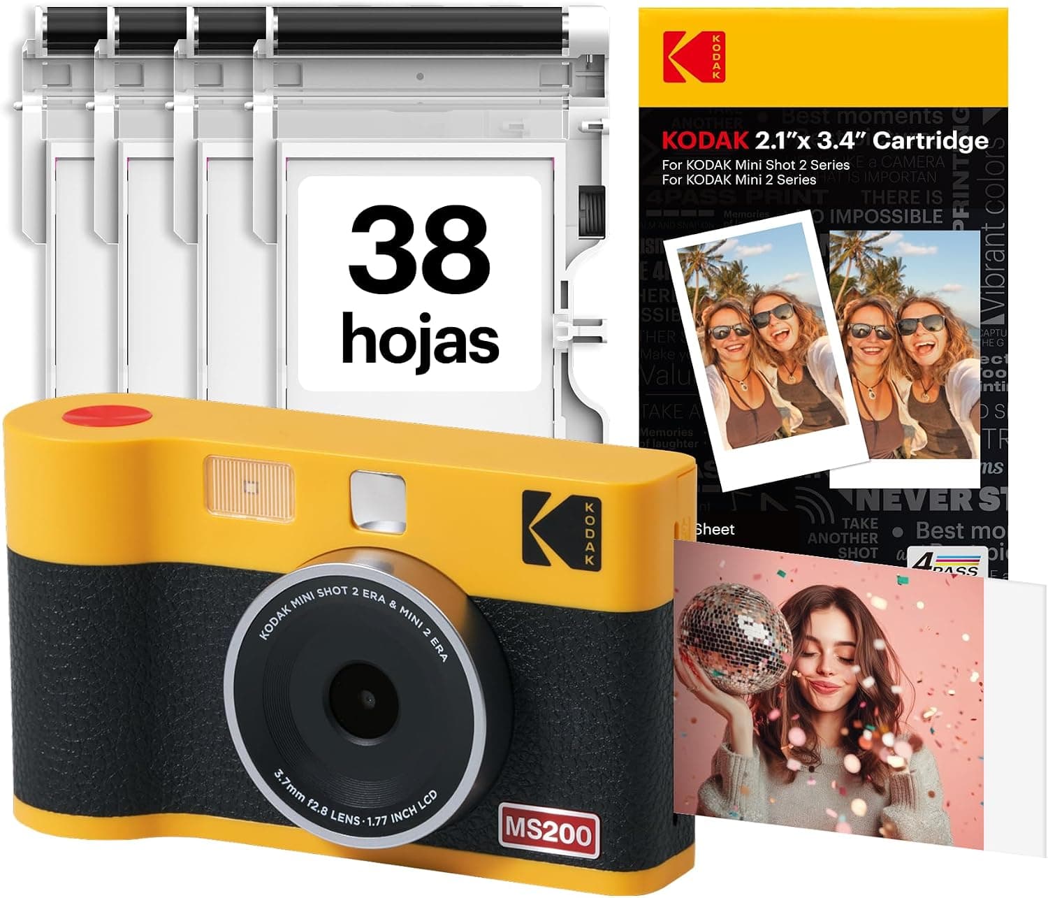 La Kodak Mini Shot 2 ERA en color amarillo junto a las fotos impresas