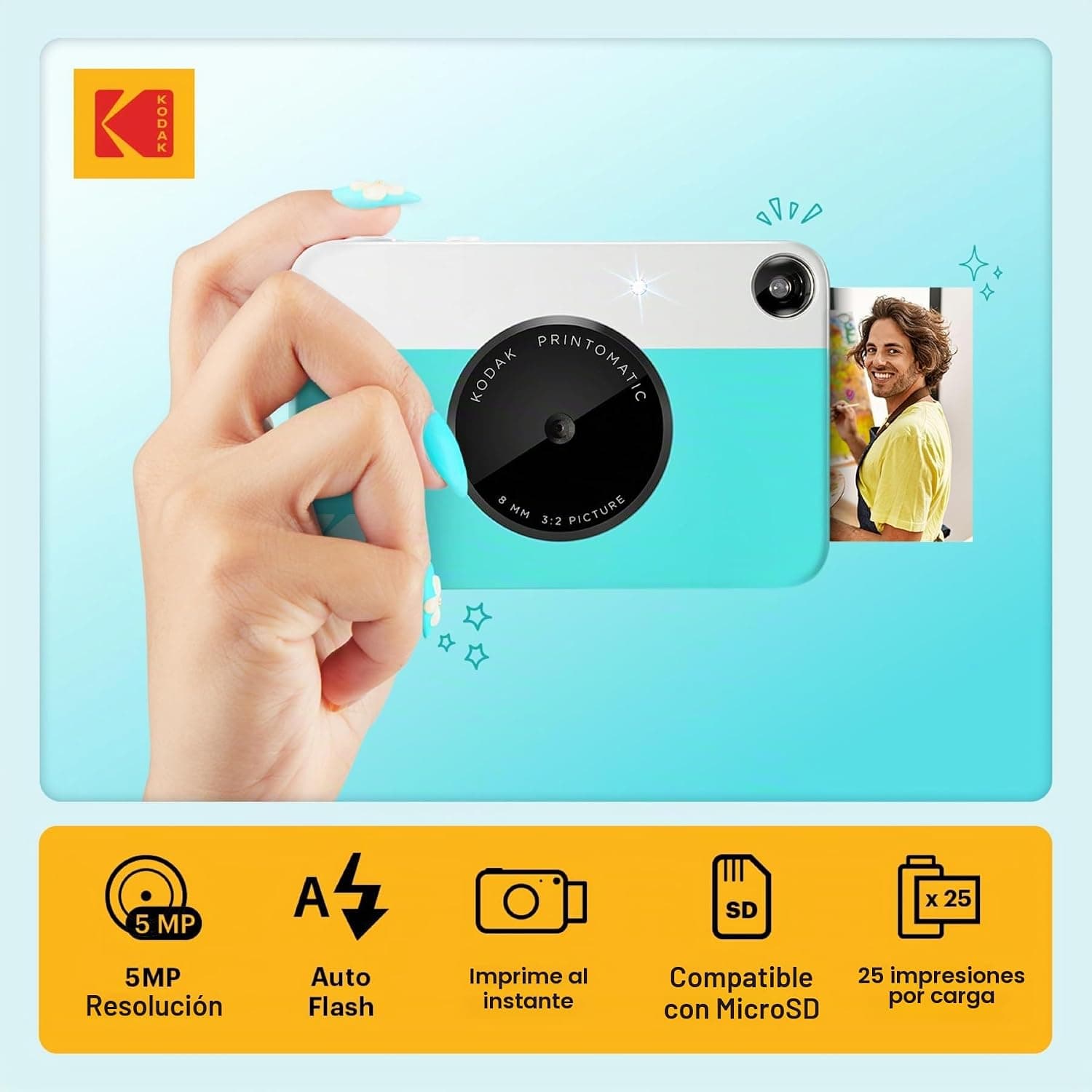 Una foto impresa en papel Zink saliendo de la Kodak Printomatic