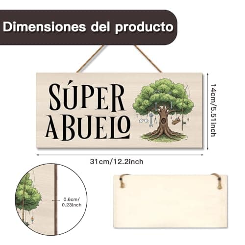 Ficha con las dimensiones del cartel, 31 cm de largo por 14 de alto y 0,6 cm de grosor, y el reverso liso de la madera
