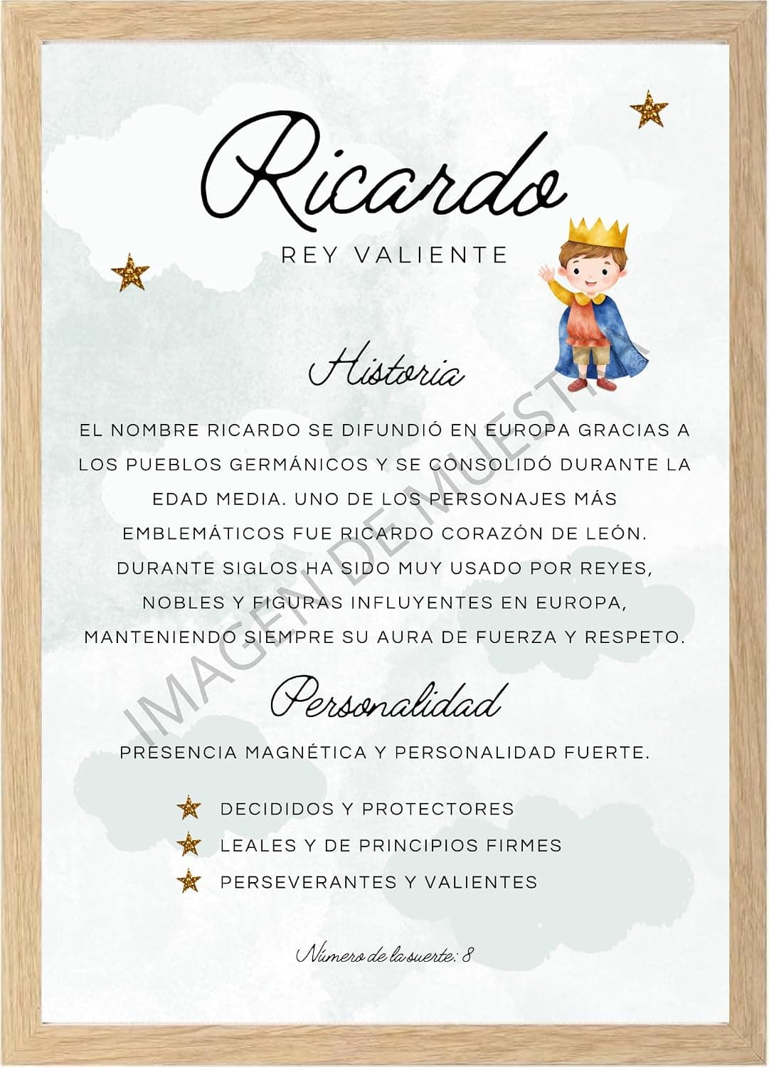 Lámina decorativa con el nombre del bebé y su significado impreso