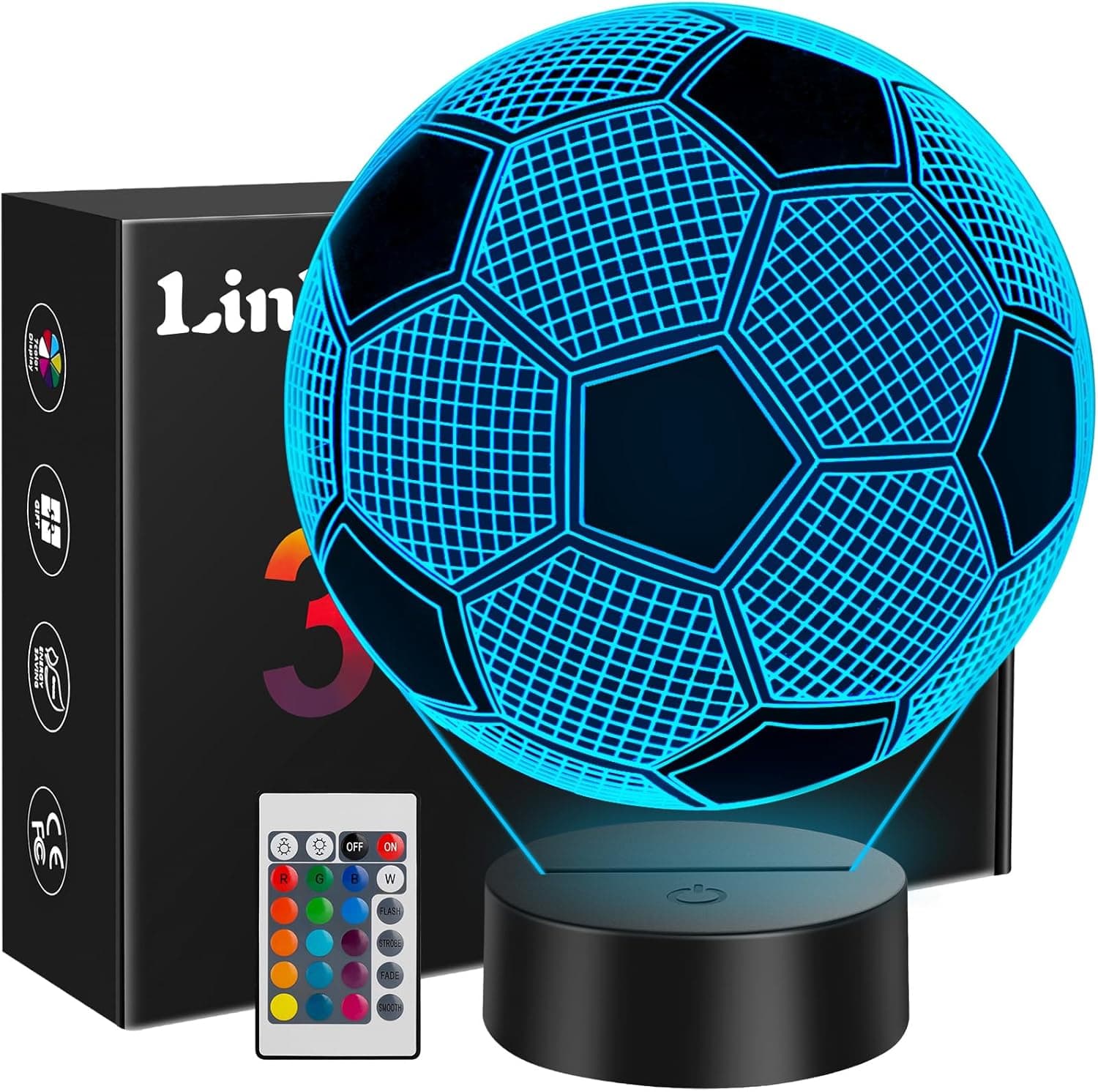 Lámpara con efecto 3D de balón de fútbol encendida en azul