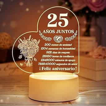 Lámpara de noche acrílica con luz amarilla cálida y un diseño de aniversario de bodas