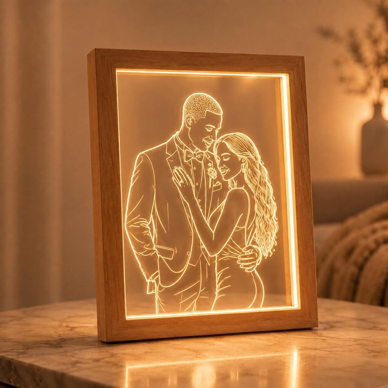 Una placa con la ilustración de una familia y la dedicatoria Os quiero grabada en la base, junto a las dos fotos originales