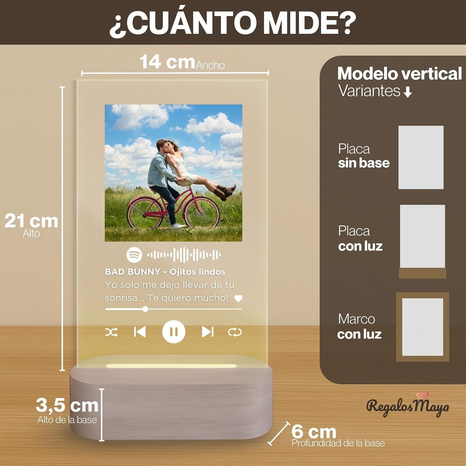 Lámpara con placa personalizada al estilo tarjeta de Spotify, con foto y texto grabados