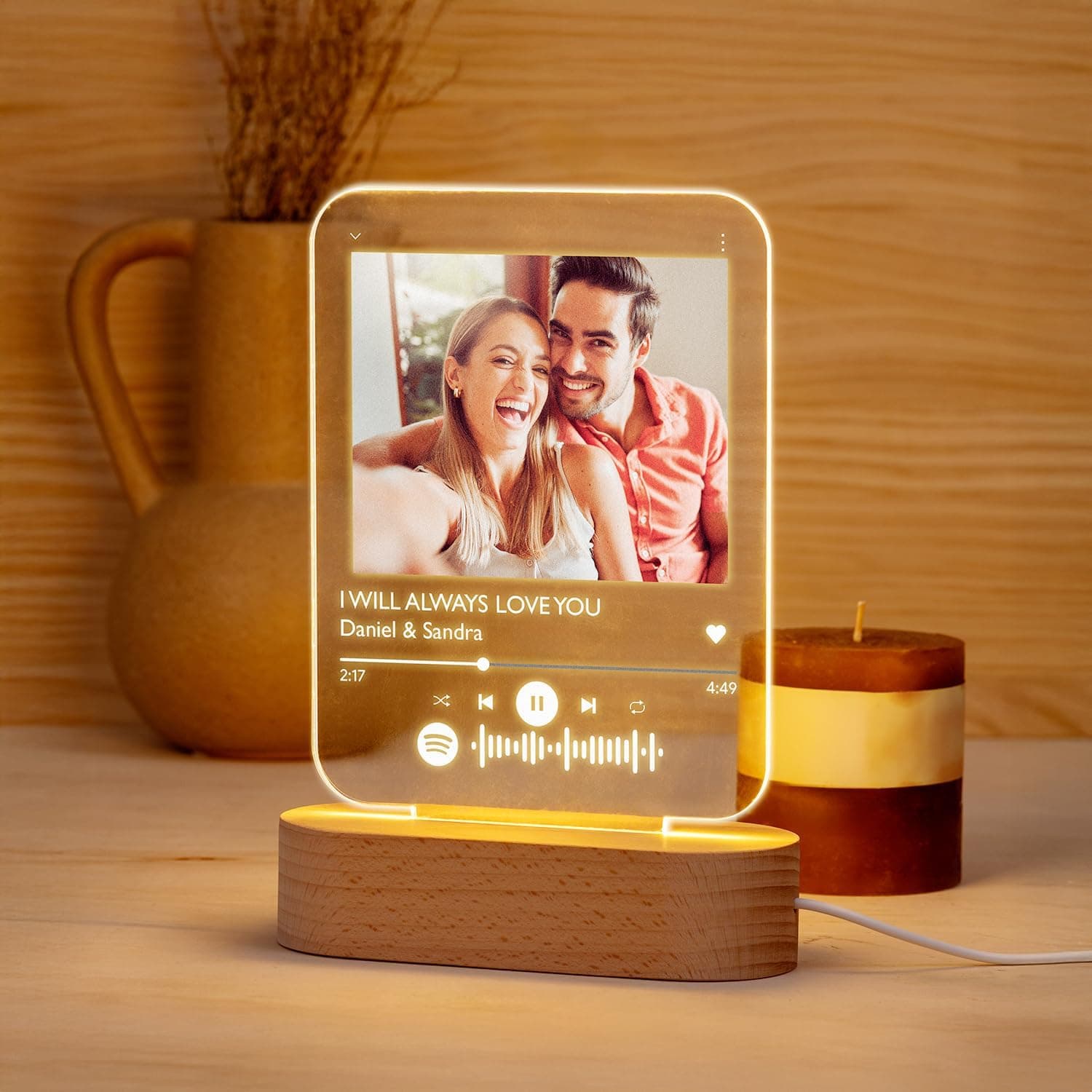 Lámpara personalizada con foto y código de Spotify que enlaza a una canción