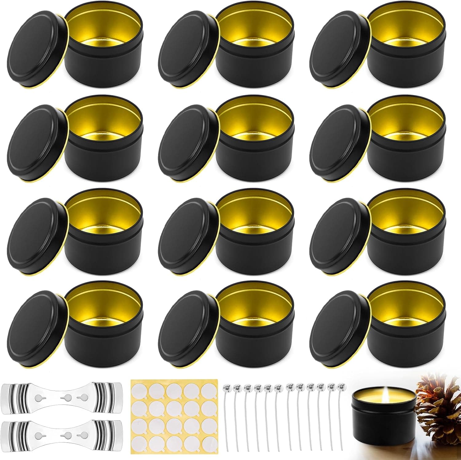 Doce latas de hojalata negra con tapa para hacer velas