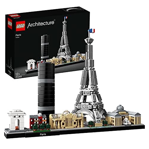 Maqueta LEGO del horizonte de París con varios monumentos en la misma base