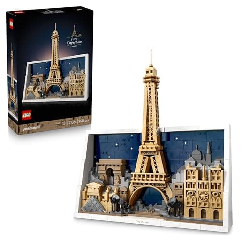 Maqueta LEGO mural de París con varios monumentos sobre fondo de cielo estrellado