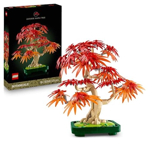 Bonsái LEGO de arce rojo japonés con hojas en tonos naranjas y rojos sobre maceta verde oscuro