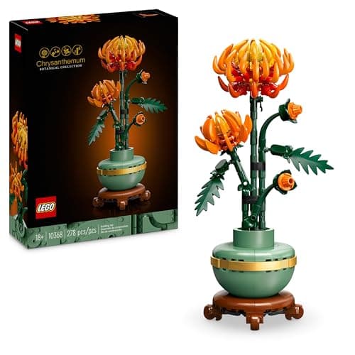 Crisantemo LEGO en tonos naranjas sobre maceta verde
