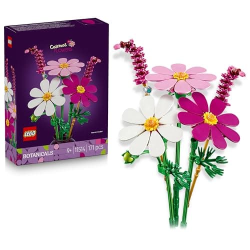 Ramo LEGO de flores de cosmos en blanco, rosa y violeta con un pequeño insecto