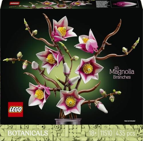 Cinco ramas de magnolia LEGO con flores en distintas fases de floración
