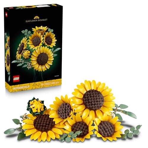 Ramo LEGO de girasoles en distintas fases de floración con tallos de eucalipto