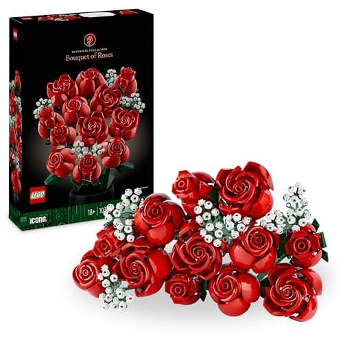 Docena de rosas rojas LEGO con tallos largos sobre fondo neutro