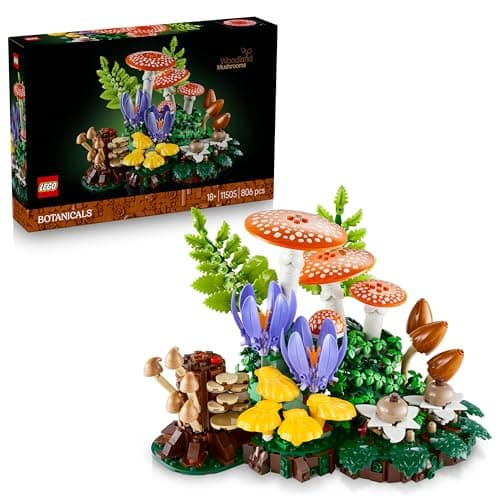 Maqueta LEGO de setas de bosque con helechos y azafranes silvestres sobre una base de musgo