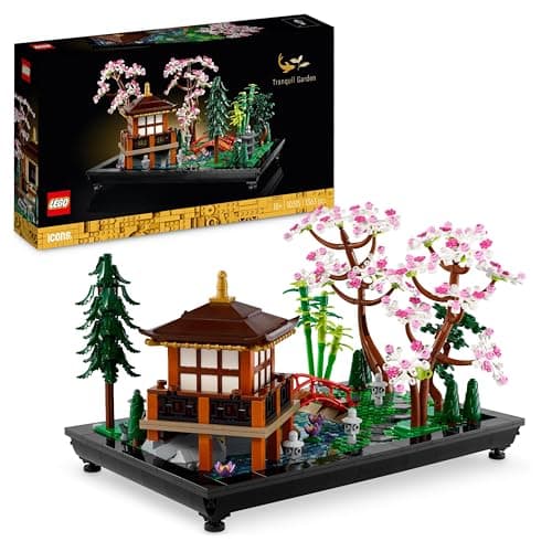 Jardín zen LEGO con puente arqueado, carpa koi y flores de loto
