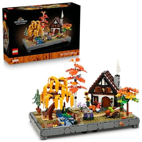 Maqueta LEGO de jardín rural otoñal con casita, árboles y gnomo de jardín