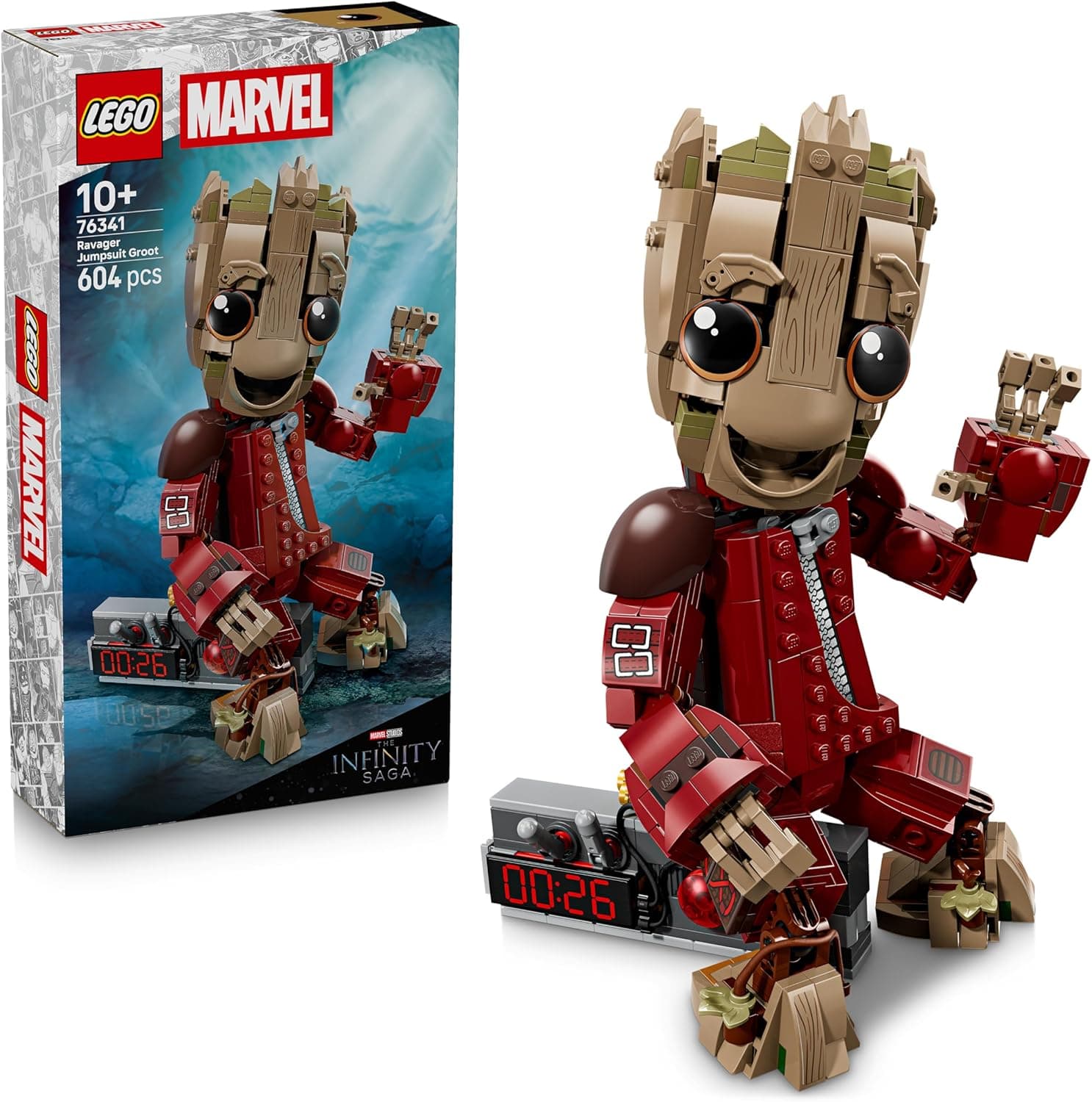 Figura LEGO de Groot con el traje de Saqueador, articulada, sujetando el detonador de dos botones