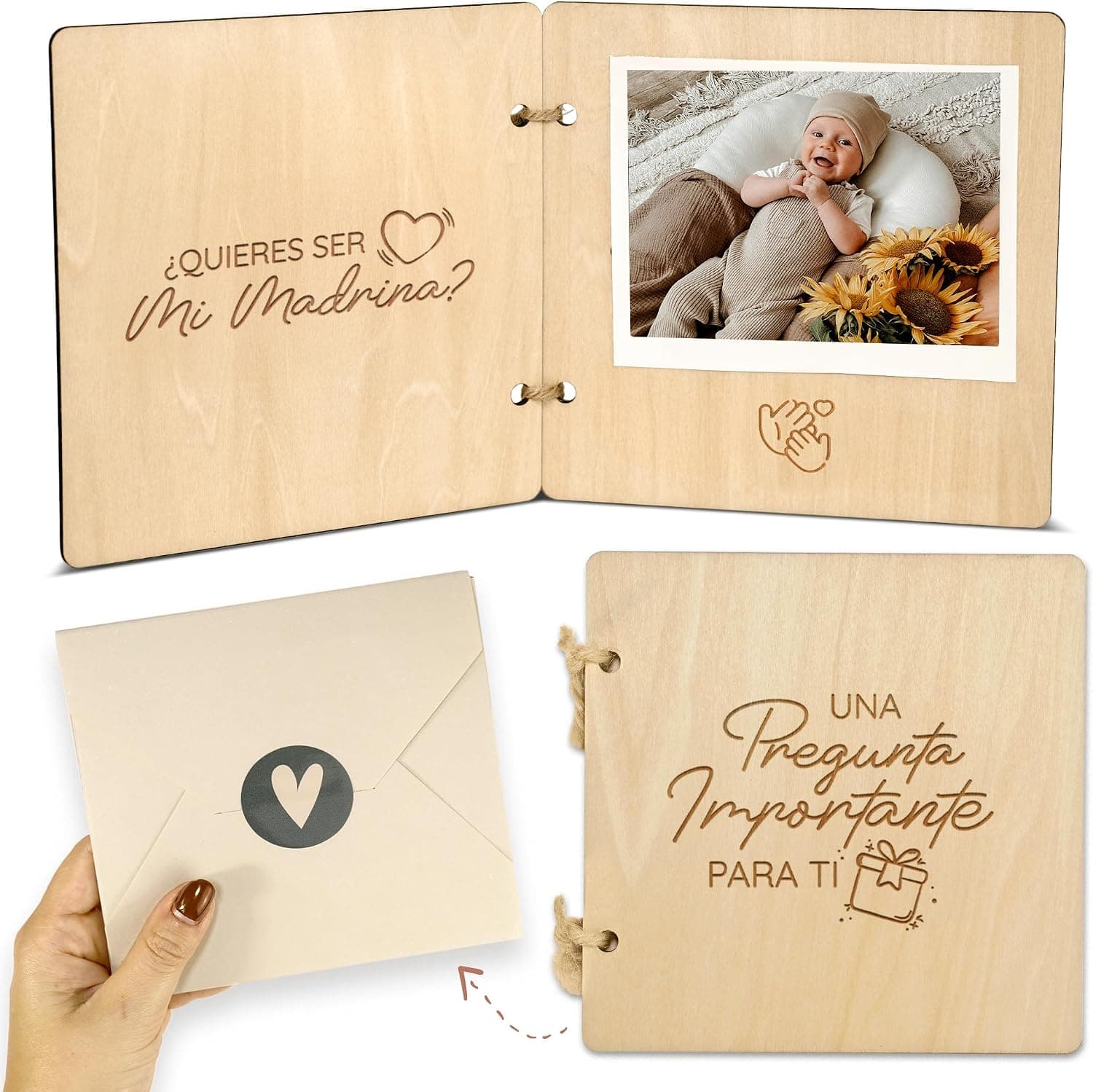 Librito de madera abierto, con espacio para colocar la foto del bebé y el mensaje de la propuesta