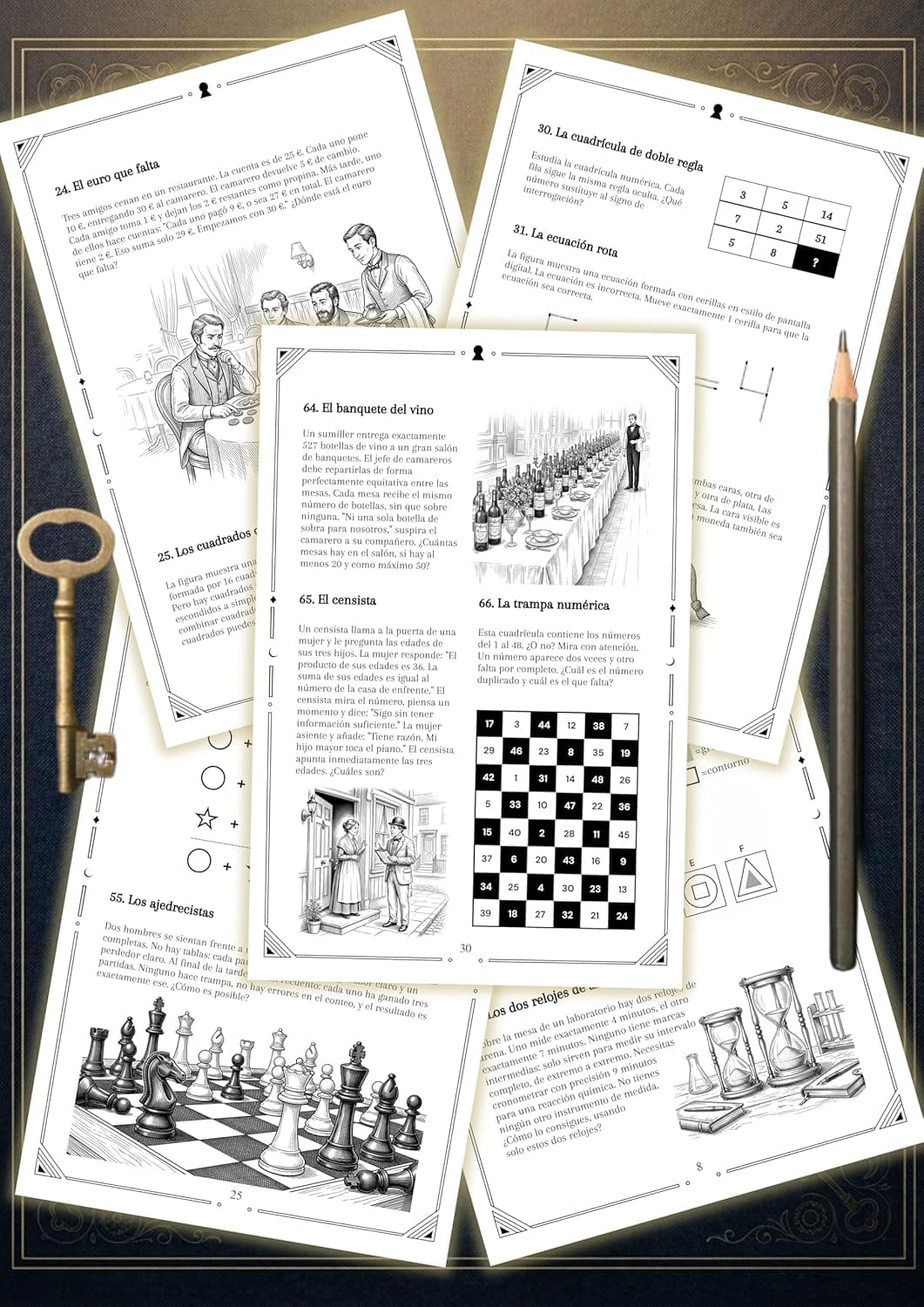Páginas interiores con acertijos ilustrados, un diagrama de ajedrez y una llave antigua