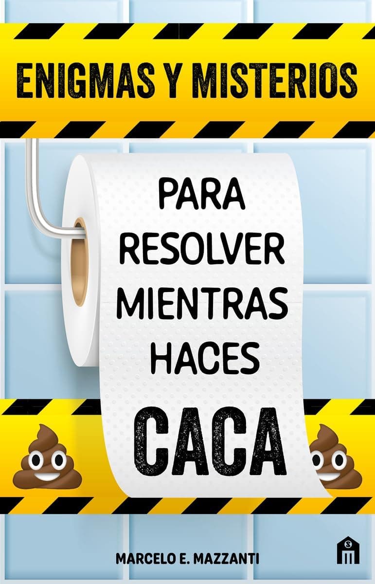 Portada amarilla y negra de "Enigmas y misterios para resolver mientras haces caca", con un rollo de papel higiénico y el nombre del autor Marcelo E. Mazzanti | /img/regalos/libro-enigmas-misterios-para-el-bano-2.jpg | Segunda imagen del libro de enigmas para el baño