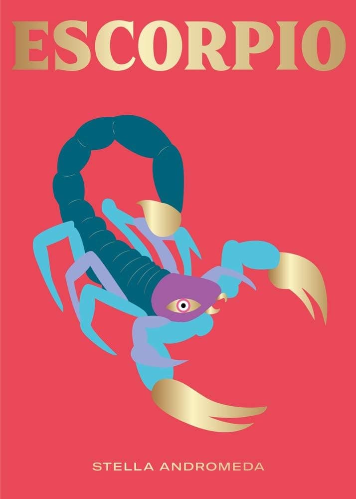 Portada roja del libro Escorpio con un escorpión ilustrado en dorado, azul y morado