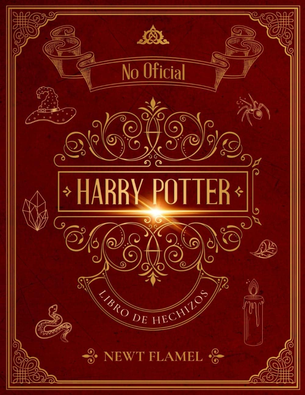 Portada roja y dorada de "Harry Potter, Libro de Hechizos No Oficial" con motivos de sombrero seleccionador, vela y serpiente grabados en dorado