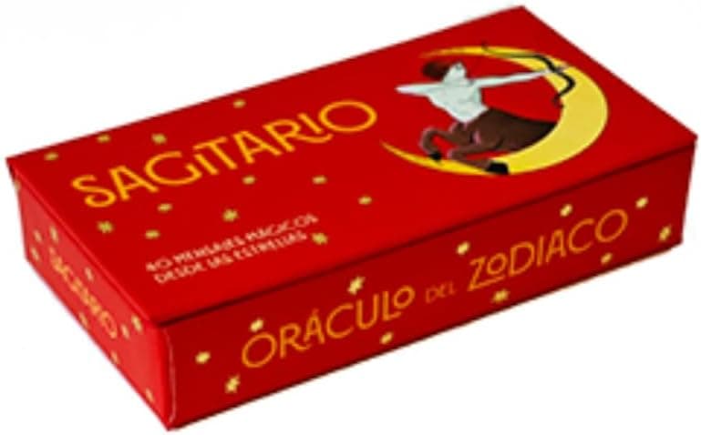 Caja roja con el título "Sagitario, Oráculo del Zodiaco" y la ilustración dorada del centauro con arco