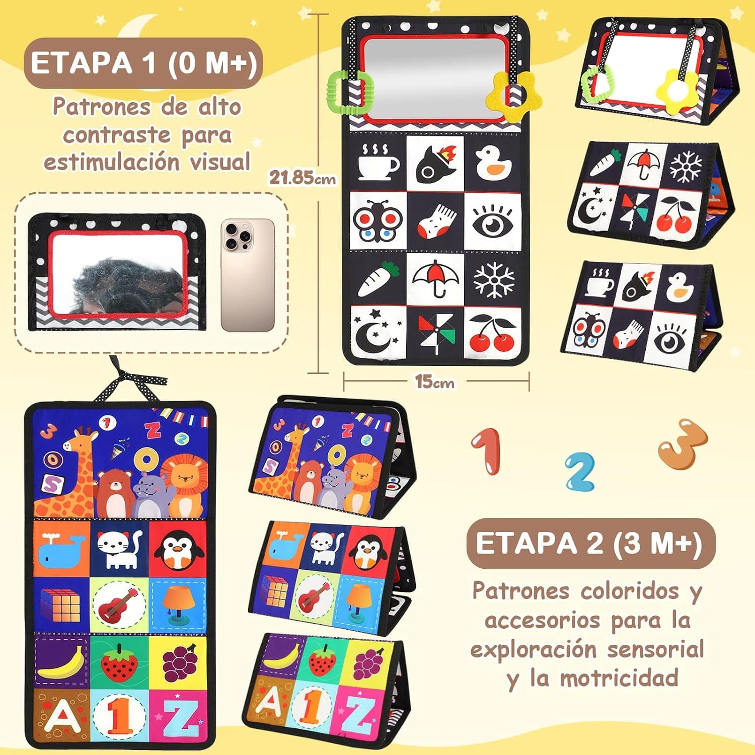 Las páginas desplegadas: una cara en colores con animales y otra en blanco y negro con figuras de alto contraste