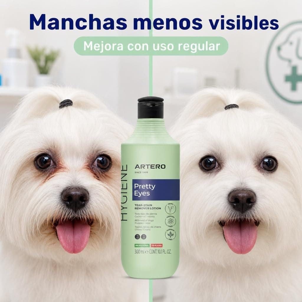 Aplicación del limpiador ocular en la zona lagrimal de una mascota
