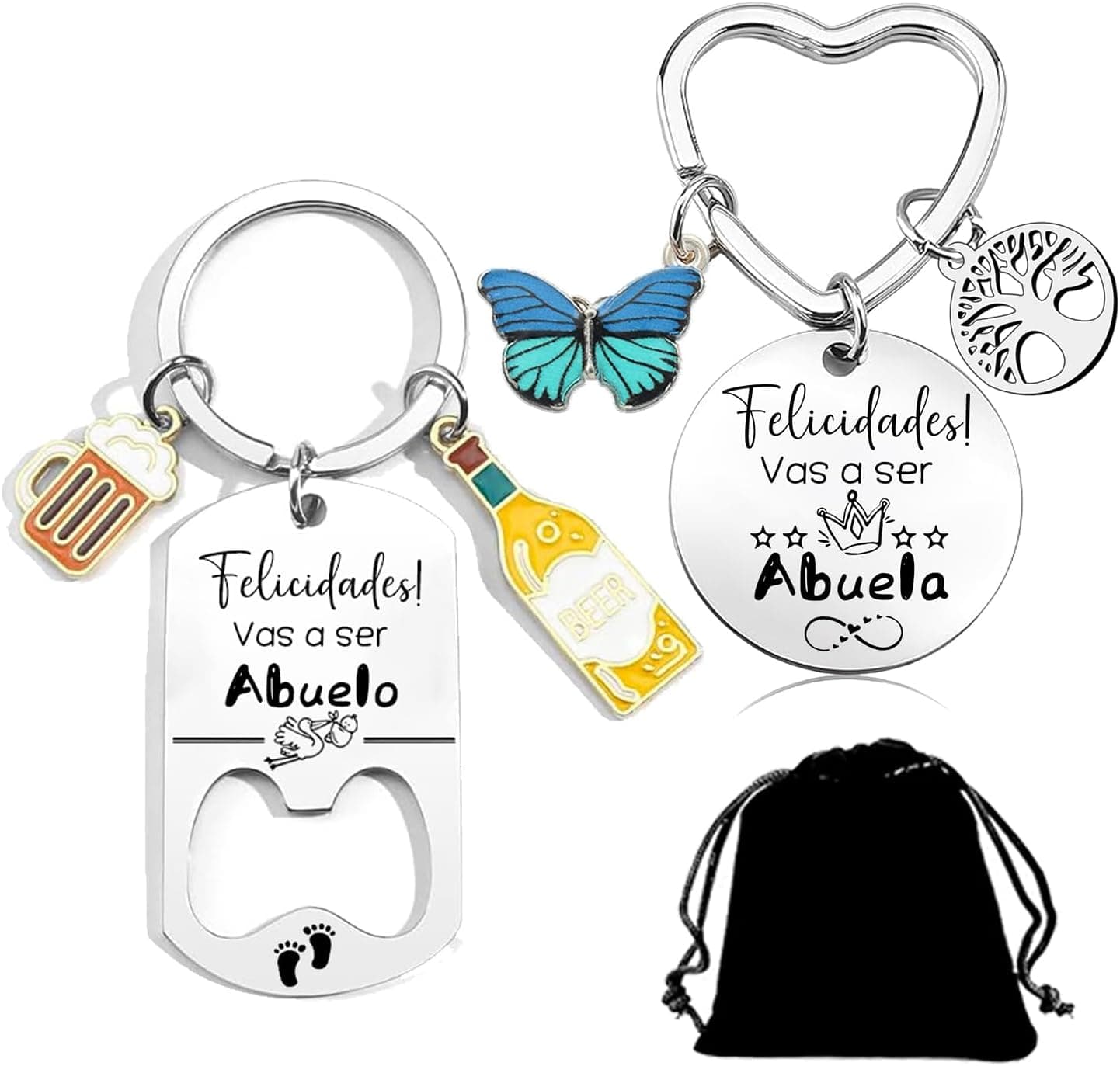 Llavero metálico con el mensaje «vais a ser abuelos» y su bolsa de regalo negra
