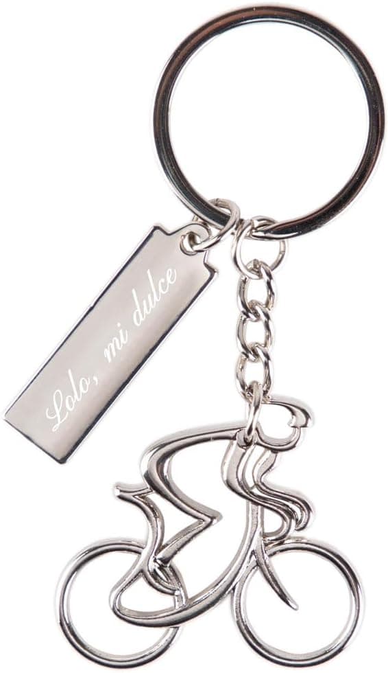 Llavero de metal plateado con forma de bicicleta y texto grabado