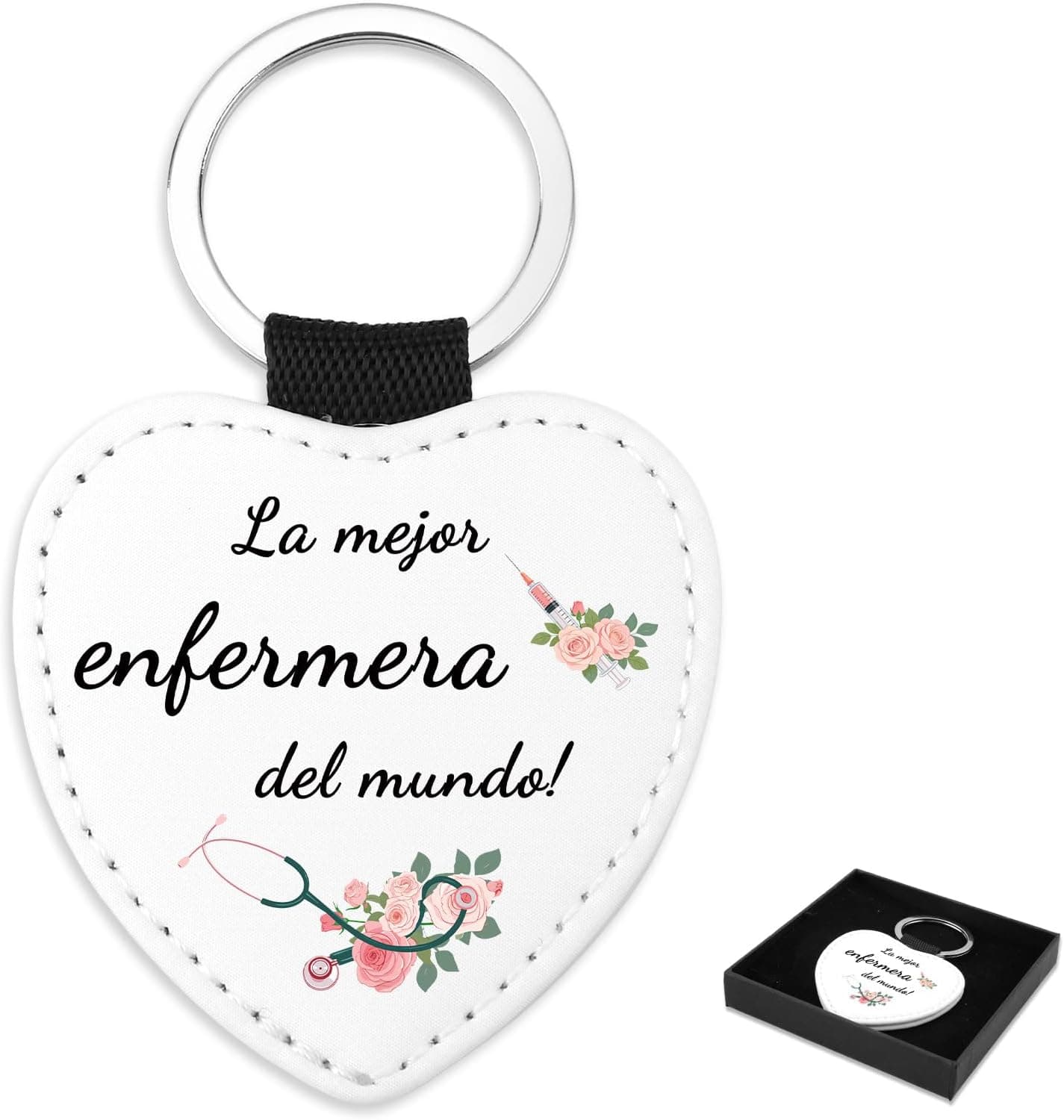 Llavero de corazón en cuero ecológico con la frase «la mejor enfermera del mundo», sobre su caja de regalo
