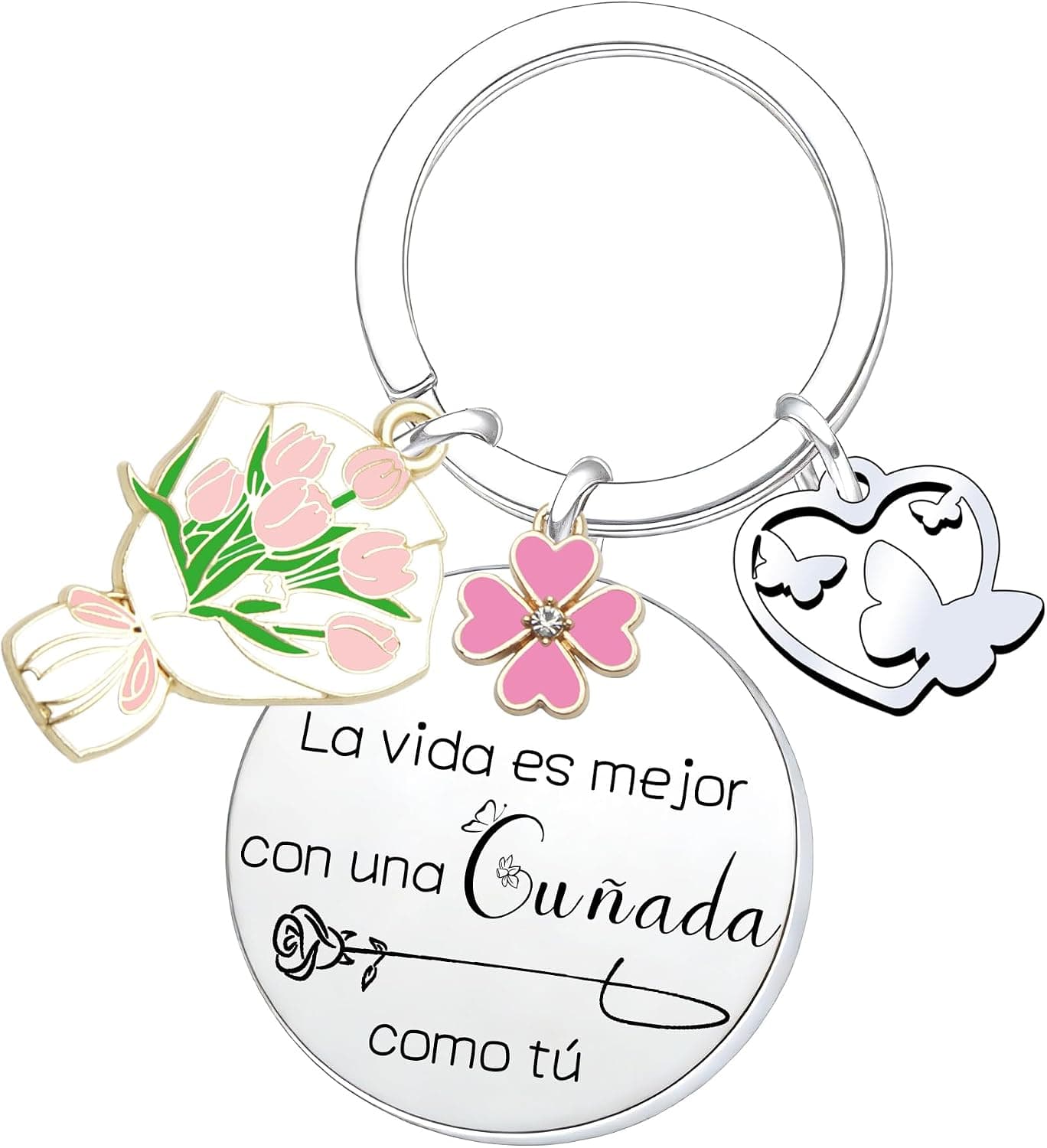 Llavero con medallón grabado "La vida es mejor con una cuñada como tú", un charm de ramo de tulipanes rosas y otro de mariposas