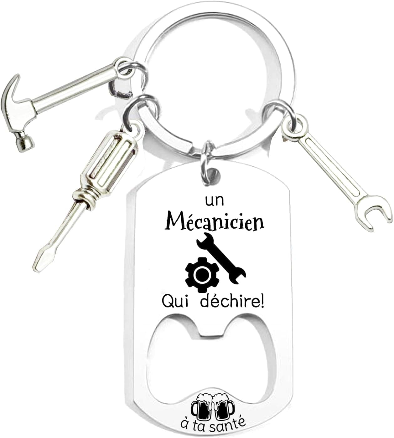Llavero de acero con colgantes de martillo, destornillador y llave inglesa, y una placa con un símbolo grabado de mecánico y un abrebotellas en la parte inferior