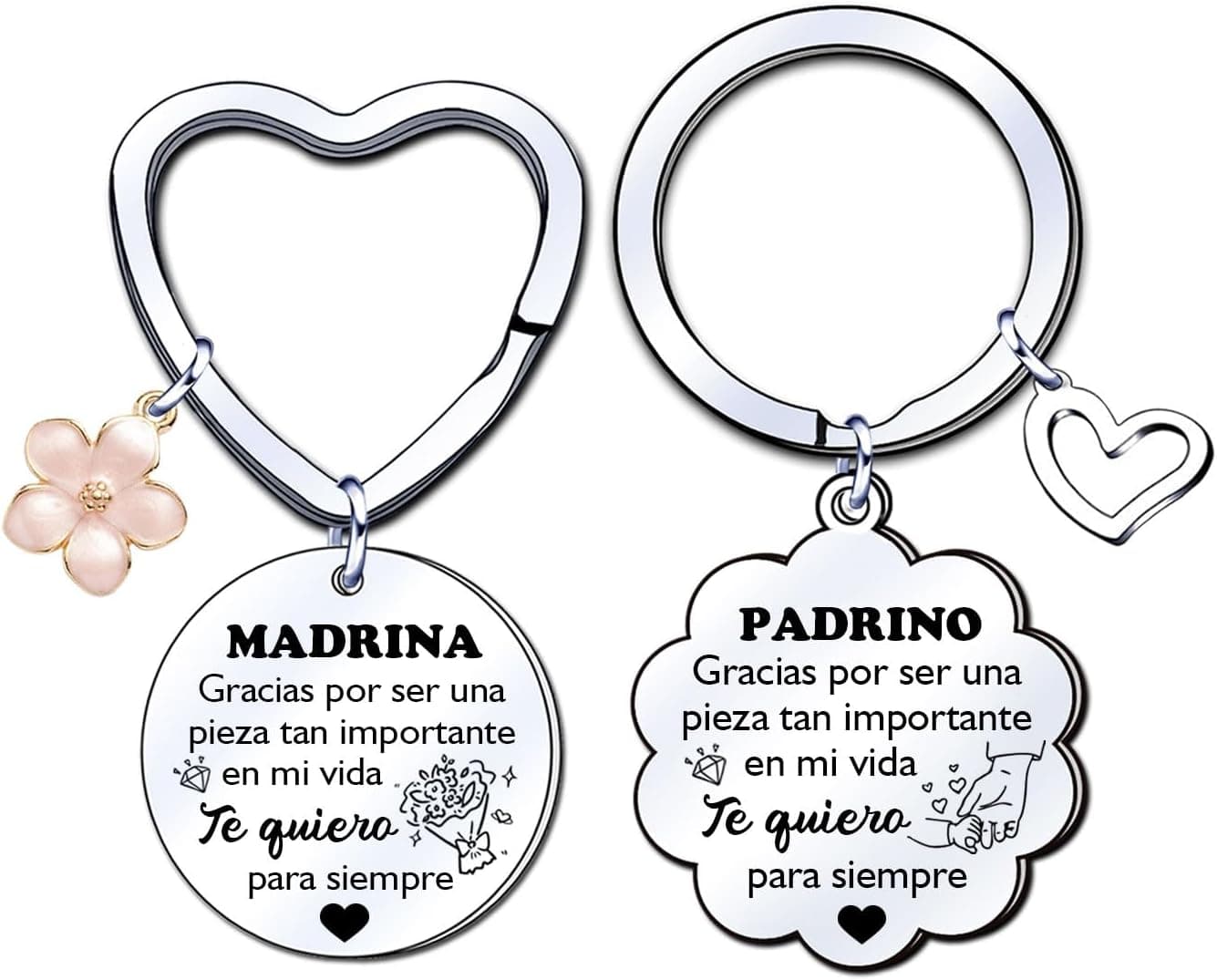Dos llaveros de acero plateado para padrino y madrina de bautizo
