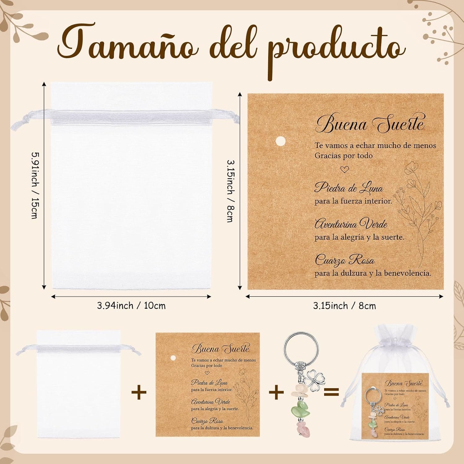La tarjeta con el llavero enganchado y la bolsita de organza blanca al lado, con el texto que explica cada una de las tres piedras